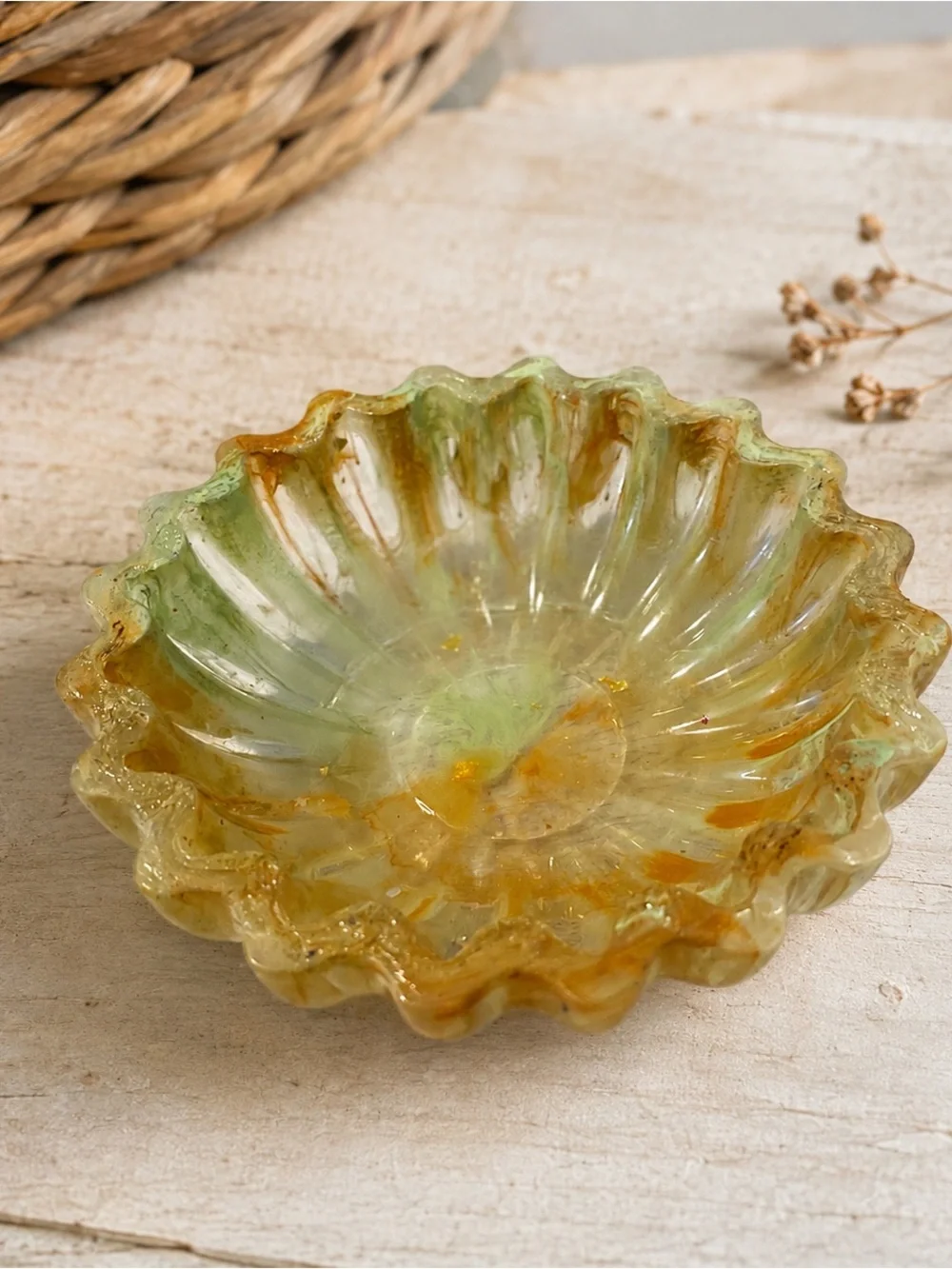 Handmade Green and Amber Decorative Glass Serving Bowl